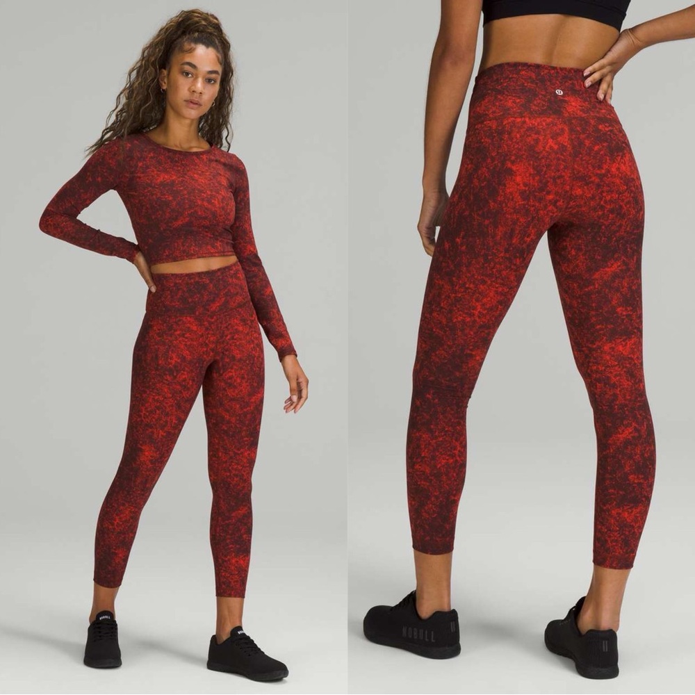 Lululemon Wunder Train Hi Rise Tight 25" Denim Wash Print Autumn Red Black SZ‎ 4